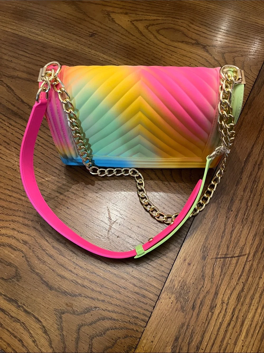 Rainbow Gradient Quilted Jelly Crossbody Bag with Gold Chain